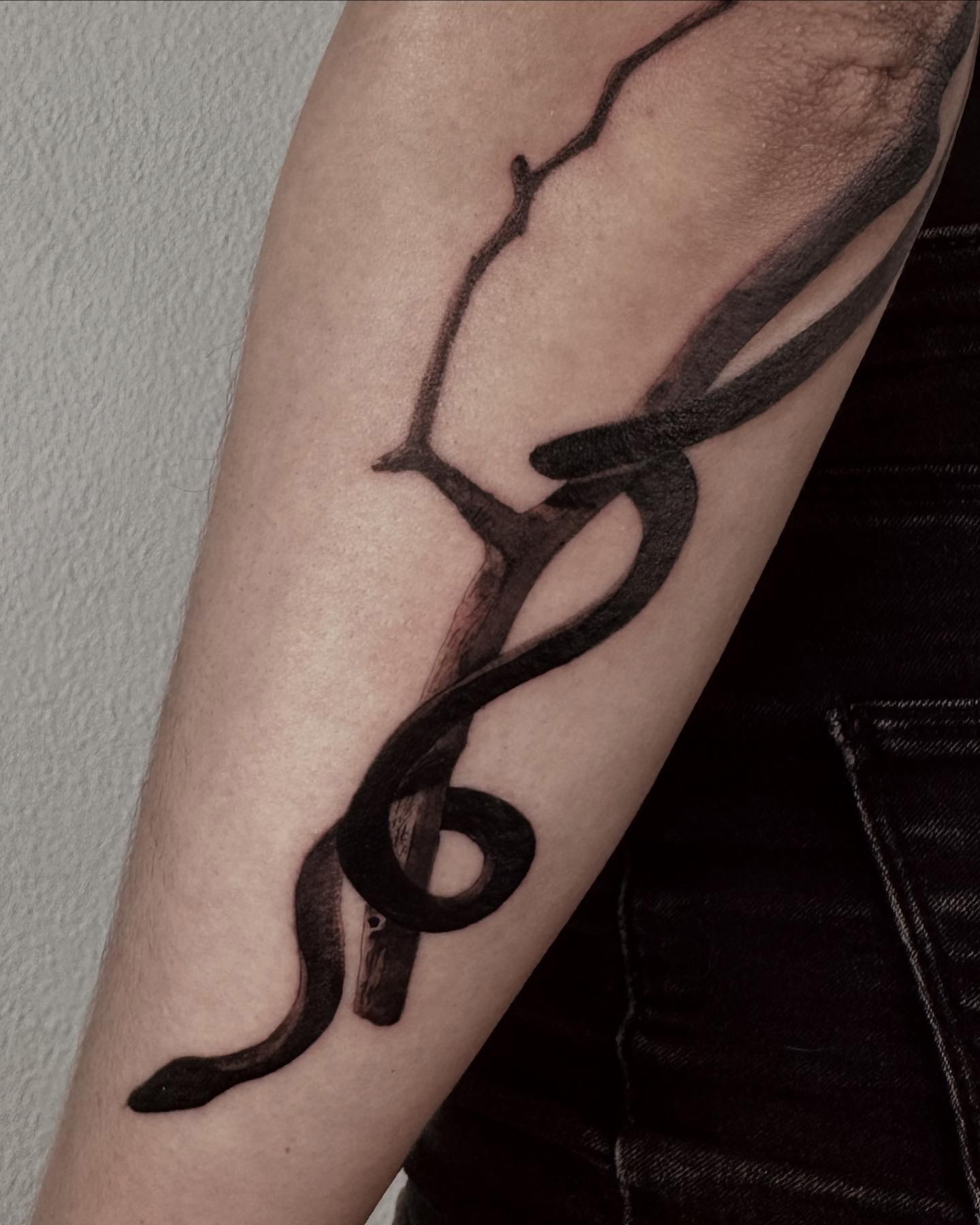 Snake on branch black ink arm
