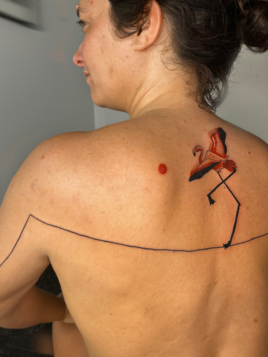 Flamingo on a tightrope, red ink